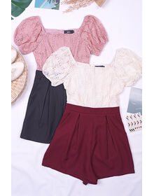 Fine Crochet Lace Puff Sleeve Pleated Playsuit (Red Bean + Black)